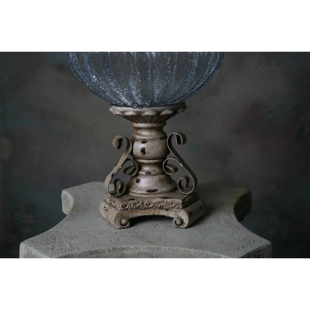 Decorative Crackle Glass Jar With Fleur-de-lis Lid Metal Work Aged - Picture 4 of 9